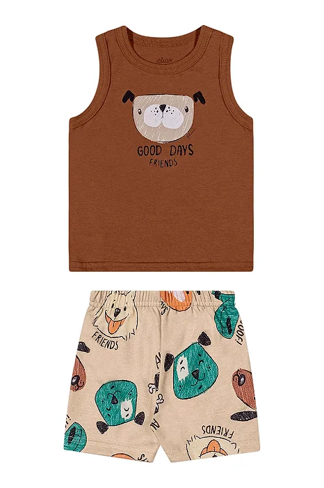 Conjunto Infantil Masculino com Regata Marrom e Bermuda Estampado com Cachorrinho Elian
