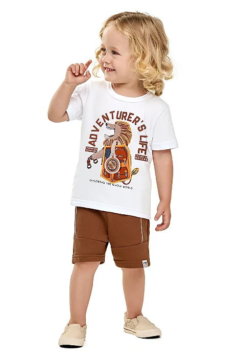 Conjunto Infantil Masculino com Camiseta Branca Estampada com Leão e Bermuda em Moletinho Marrom Elian