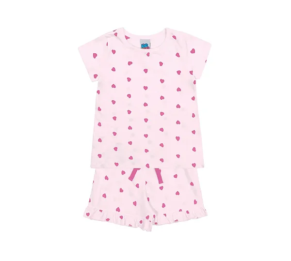 Pijama Infantil Feminino com Estampa Corações Rosa Kiko e Kika