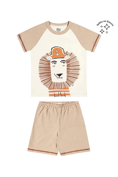 Conjunto Pijama Infantil para Meninos com Camiseta Estampada com Leão e Short em Moletinho cor Bege Elian