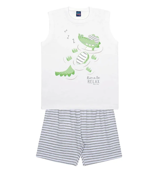 Pijama Infantil Masculino Regata Branca Jacaré com Short Listrado Kiko e Kika