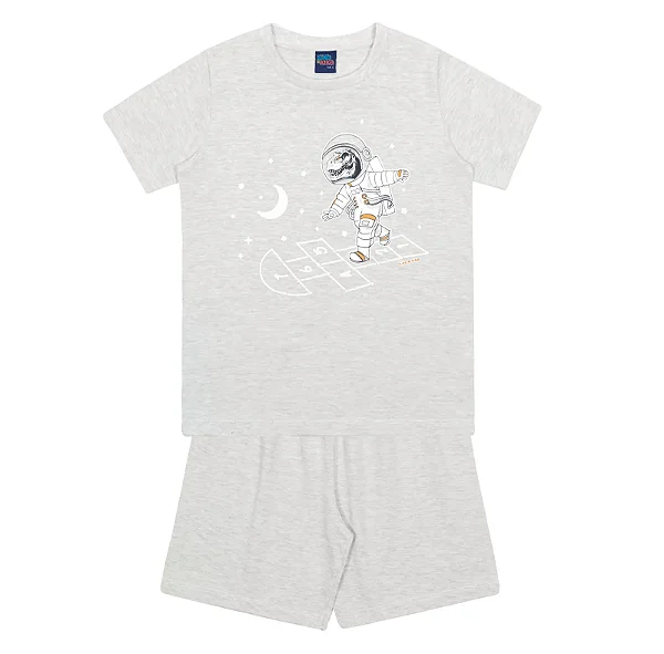 Pijama Infantil Masculino com Camiseta Manga Curta Dinossauro Astronauta Cinza e Short Kiko e Kika