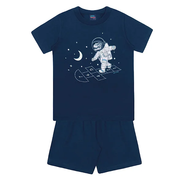 Pijama Infantil Masculino com Camiseta Manga Curta Dinossauro Astronauta Azul Marinho e Short Kiko e Kika