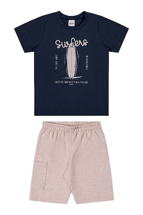 Conjunto Infantil Masculino com Camiseta Azul Marinho e Bermuda Bege Elian
