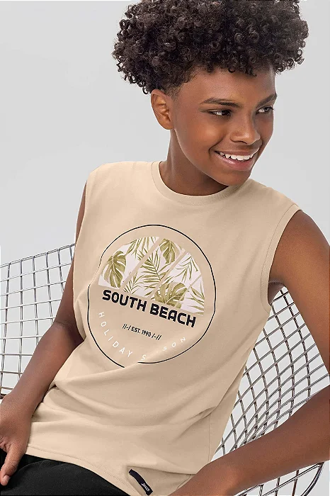 Regata Machão Juvenil em Meia Malha Bege com Estampa Folhagens Elian