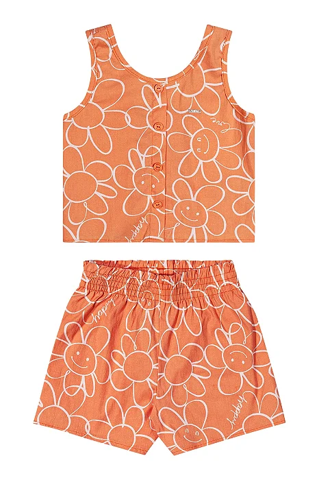 Conjunto Infantil Feminino Floral Laranja em Tricoline Blusa com Short Elian