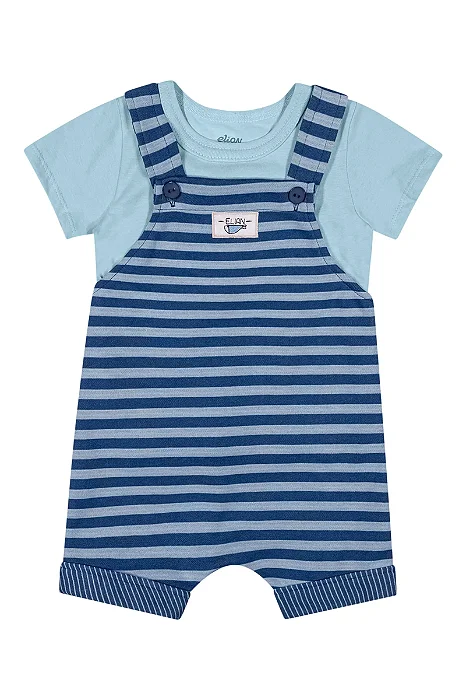Conjunto para Menino com Jardineira Listrada Azul e Camiseta Elian