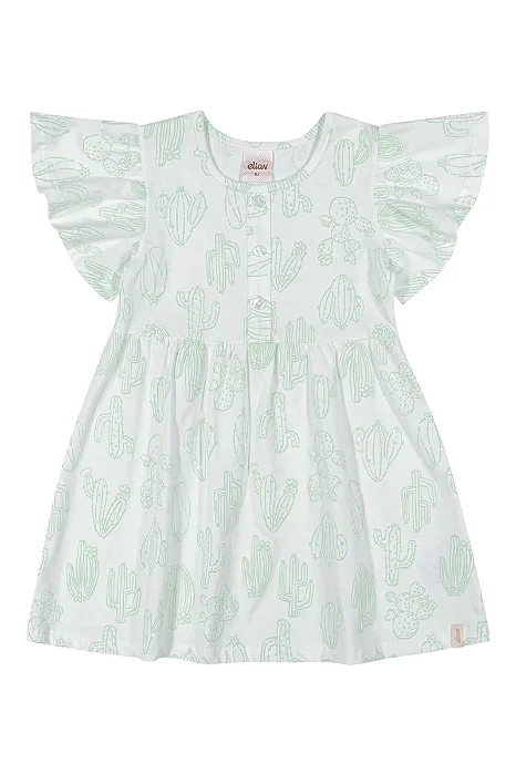 Vestido Infantil Manga Curta Verde Água Cactos Elian