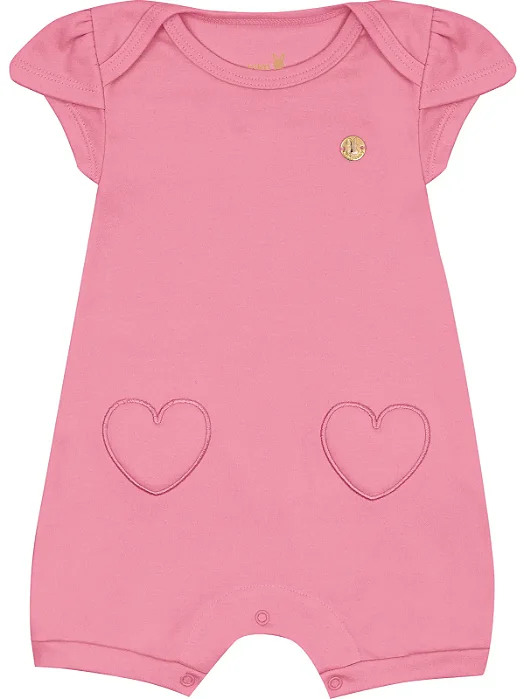 Macacão Curto para Bebê Menina em Suedine Rosa Detalhe Coração Kiko Baby