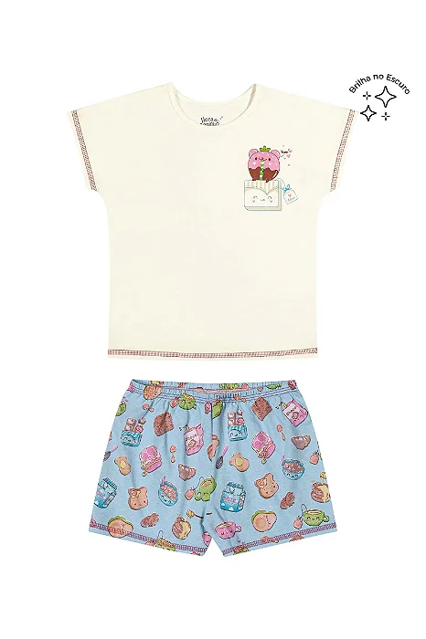 Conjunto Pijama Infantil Manga Curta e Short Feminino Estampa Café da Manhã Elian