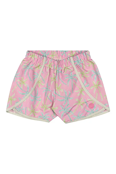Short Infantil Feminino em Tactel Rosa Estampa Coqueiros Elian