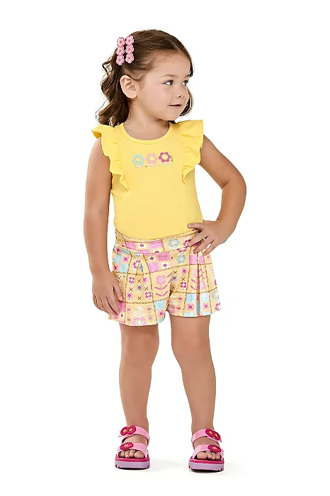 Conjunto Feminino Infantil Amarelo Liso Estampa Frontal Flores Elian
