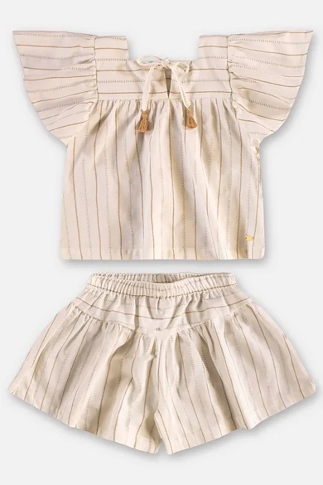 Conjunto Infantil Feminino Blusa e Short em Tecido Branco com Listras Beges Up Baby