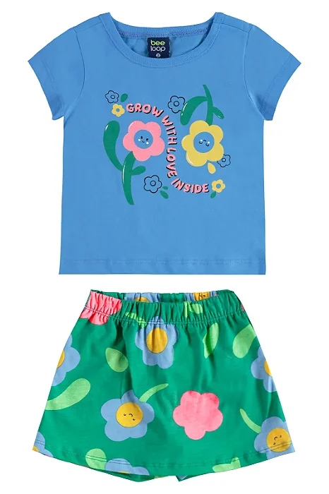Conjunto Infantil Feminino com Camiseta Azul e Short Saia Floral Bee Loop