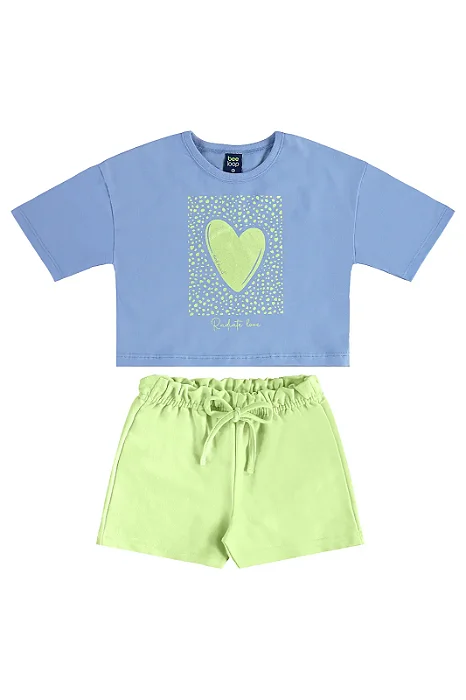 Conjunto Infantil Feminino com Cropped Azul Claro Estampa Coração com Short Saia Verde Neon Bee Loop