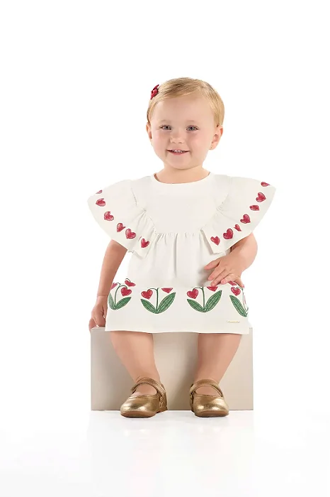 Vestido Infantil Offwhite com Estampa Corações Vermelhos Quimby
