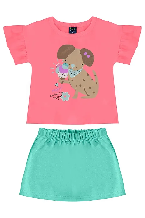 Conjunto Infantil Feminino com Camiseta Rosa Neon Cachorrinho e Short Verde Saia Bee Loop