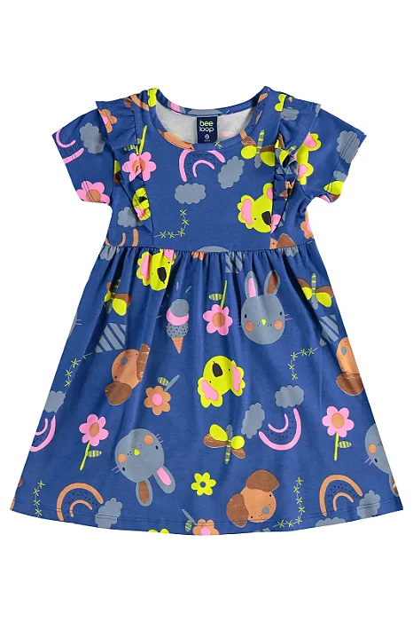 Vestido Infantil Manga Curta Azul com Estampa de Bichinhos Bee Loop