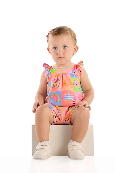 Macaquinho para Bebê Menina Estampado Rosa e Laranja Neon Quimby