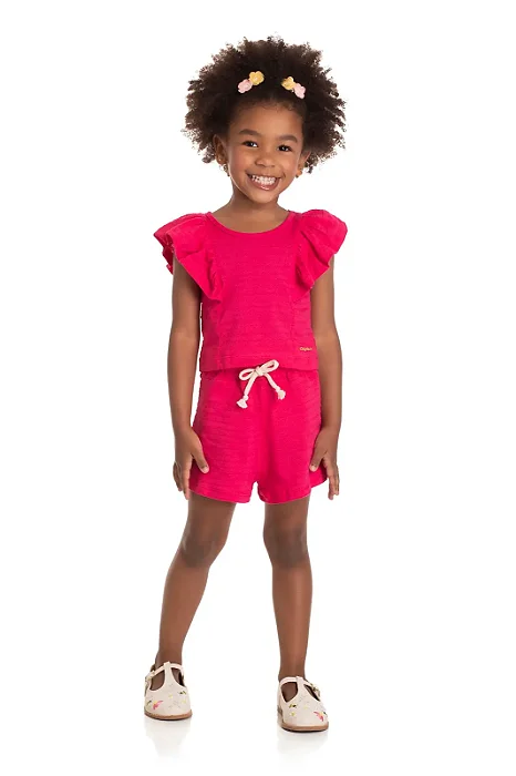 Conjunto Infantil Feminino com Blusa e Short Pink em Meia Malha Maquinetada Baby Vest