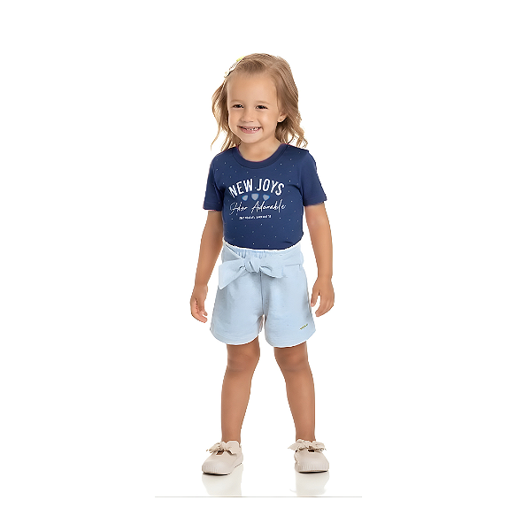 Conjunto Infantil Feminino com Blusa Azul Marinho e Short em Moletinho com Linho Azul Claro Claro Baby Vest