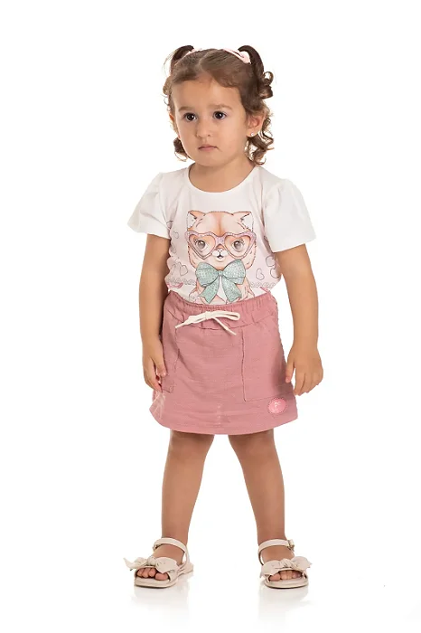 Conjunto Infantil Feminino com Blusa de Gatinha com Short em Malha Rosa Chá Baby Vest
