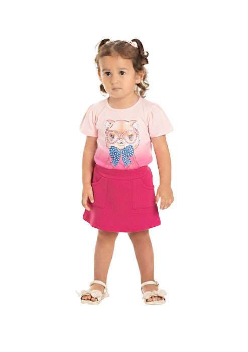 Conjunto Infantil Feminino com Blusa de Gatinha Rosa com Short em Malha Rosa Pink Baby Vest