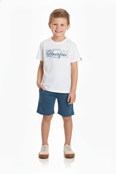 Conjunto Infantil Masculino com Camiseta Branca Have Fun e Bermuda em Moletinho Azul listrado em Preto Baby Vest