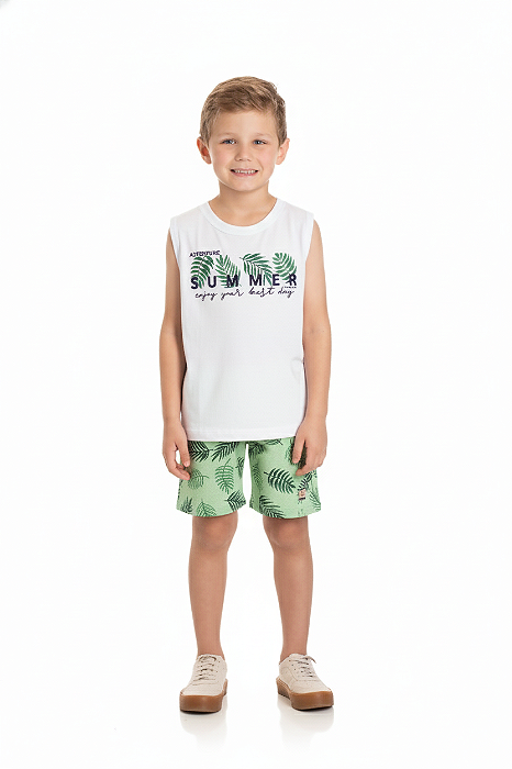 Conjunto Infantil Masculino com Regata Branca e Bermuda em Moletinho Verde com Estampa Folhagem Baby Vest