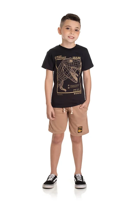 Conjunto Infantil Masculino com Camiseta Manga Curta Preta de Dinossauro e Bermuda em Moletinho Bege Baby Vest