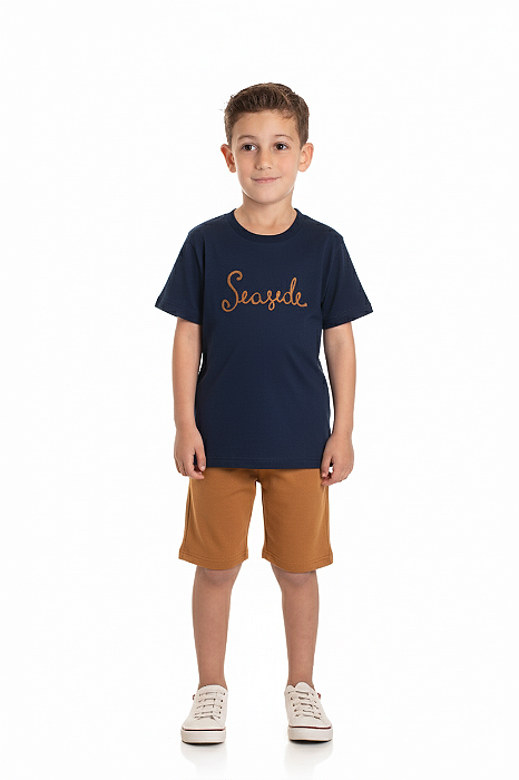 Conjunto Infantil Masculino com Camiseta Manga Curta Azul Marinho com Bermuda Caramelo Baby Vest