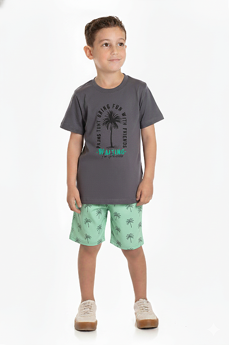 Conjunto com Camiseta Cinza Grafite e Bermuda em Microfibra Verde Água Baby Vest