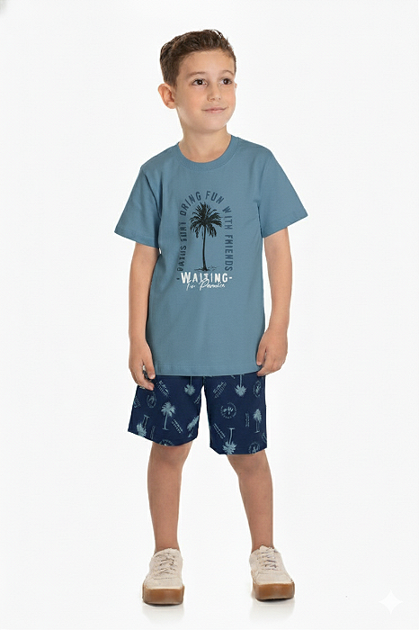 Conjunto com Camiseta Azul e Bermuda em Microfibra Azul Marinho com Coqueiros Baby Vest