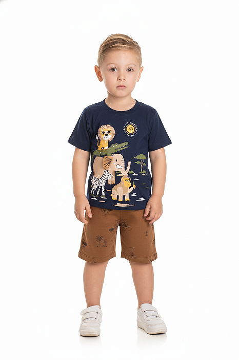 Conjunto Infantil com Camiseta Azul Marinho Estampada com Bichinhos e Bermuda em Moletinho Caramelo Baby Vest