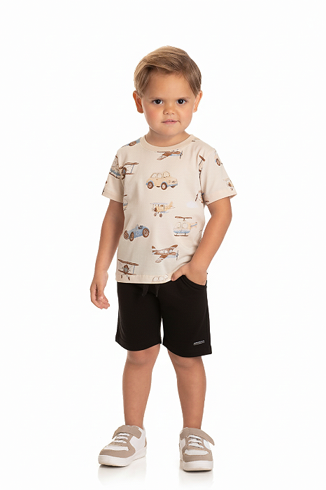 Conjunto Infantil Masculino com Camiseta Bege Estampa Carrinhos e Bermuda em Moletinho Preta Baby Vest