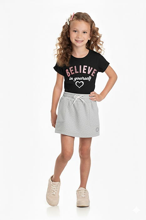 Conjunto Infantil Feminino com Camiseta Preta com Strass e Short Saia Cinza Mescla Baby Vest