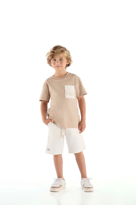 Conjunto Infantil Masculino com Camiseta Manga Curta Bege Listrada de Branco e Bermuda em Moletinho Marfim Quimby