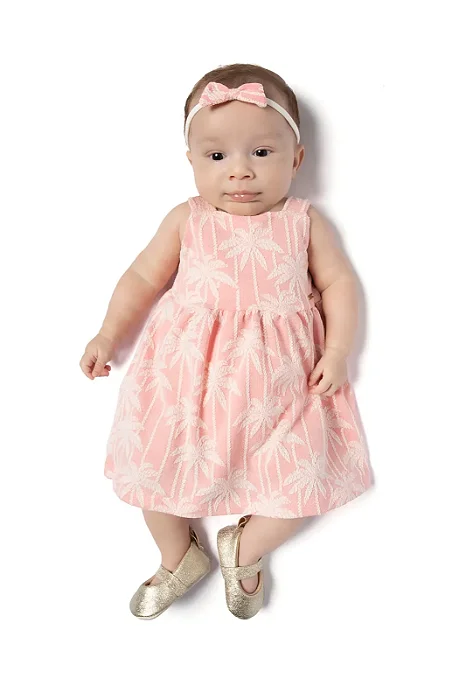 Conjunto para Bebê Menina com Vestido em Jacquard Rosa e Branco com Calcinha TMX