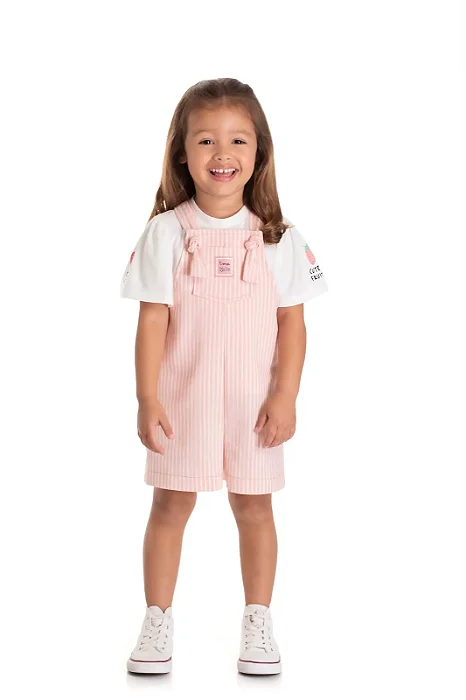 Conjunto para Menina com Jardineira Eco Listrado Rosa e Branco e Camiseta em Meia Malha TMX