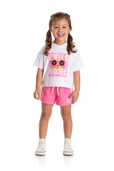 Conjunto Infantil Feminino com Cropped Branca Gatinha e Short Rosa TMX