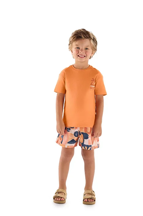 Conjunto Infantil Masculino com Camiseta Laranja e Bermuda em Microfibra Estampa Abstrata Laranja e Marinho Up Baby