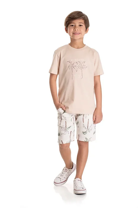 Conjunto Infantil Masculino com Camiseta Bege Coqueiros e Bermuda em Moletinho Estampado TMX