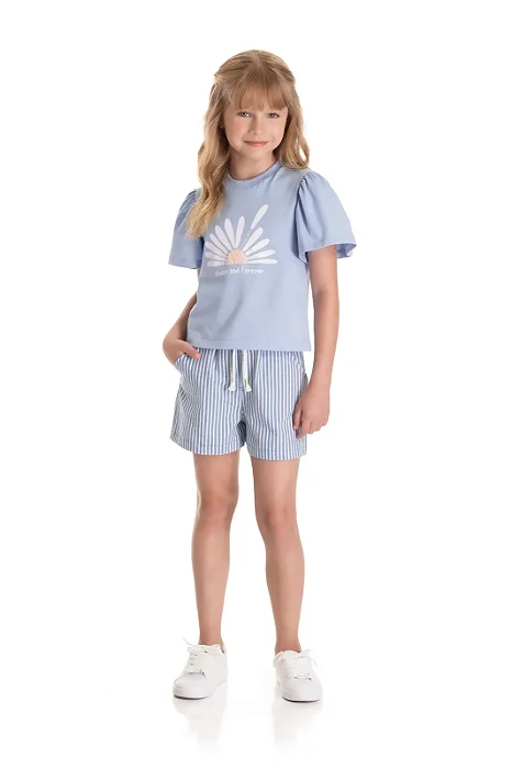 Conjunto Infantil Feminino com Cropped Azul Estampa Margarida e Short Eco Listrado Azul TMX