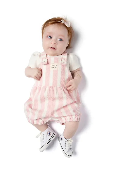 Conjunto para Bebê Menina com Jardineira Listrada Rosa com Body Manga Curta Offwhite TMX