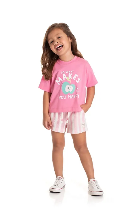 Conjunto Infantil Feminino com Camiseta Rosa Tipo Cropped Estampa Maça e Short Listrado Eco TMX