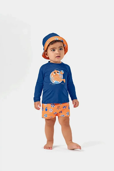 Conjunto de Praia Masculino com Camiseta Manga Longa Uv e Sunga Laranja e Azul Kiko e Kika