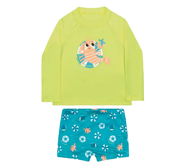 Conjunto de Praia Masculino com Camiseta Manga Longa Uv e Sunga Laranja e Azul Kiko e Kika