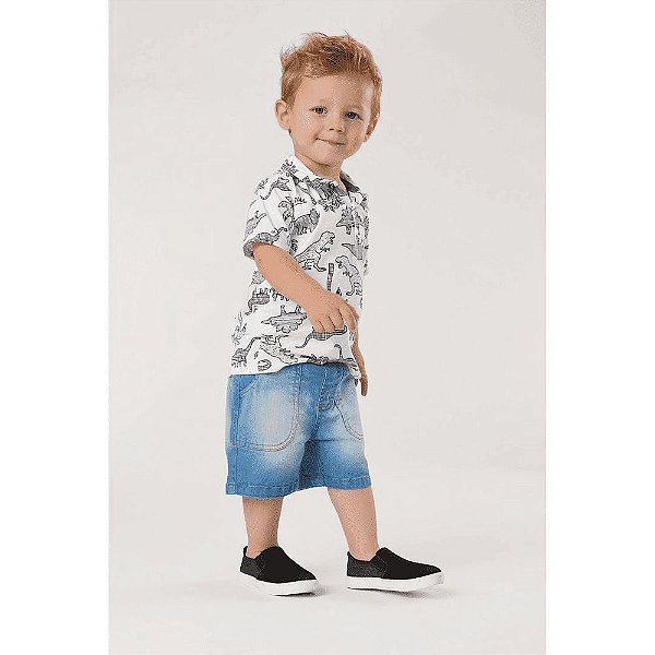 Camisa Polo Infantil Branca com Estampa Dinossauro em Malha Up Baby