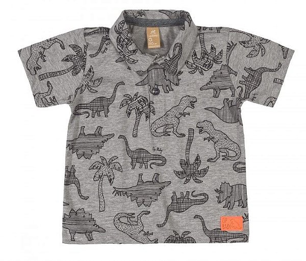 Camisa Polo Infantil com Estampa Dinossauro em Malha Cinza Up Baby