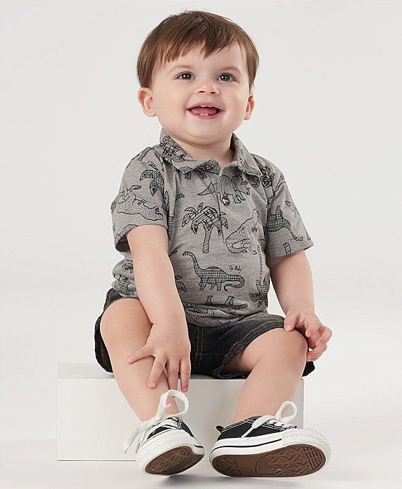 Camisa Polo Infantil com Estampa Dinossauro em Malha Cinza Up Baby